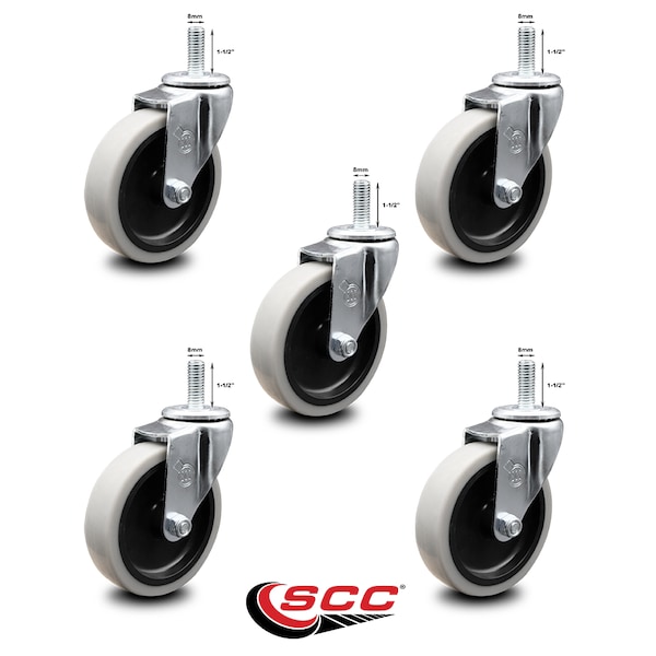 4 Inch Thermoplastic Rubber Wheel 8mm Threaded Stem Caster SCC, 5PK